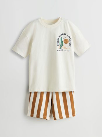 LCW Kids Bej Printed Crew Neck T-Shirt and Shorts Set for Boys