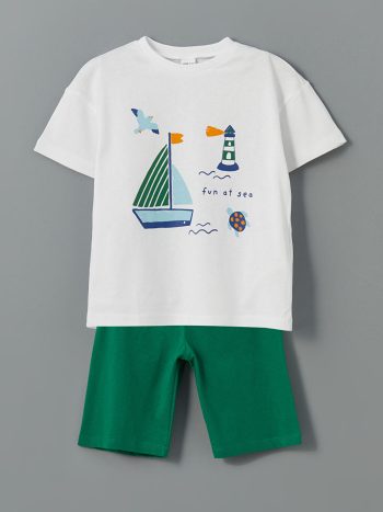LCW Kids White Printed Boy's T-Shirt and Shorts Set of 2