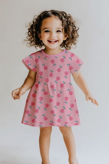 Lilabio 100% Cotton Round Neck Short Sleeve Patterned Girls Dress