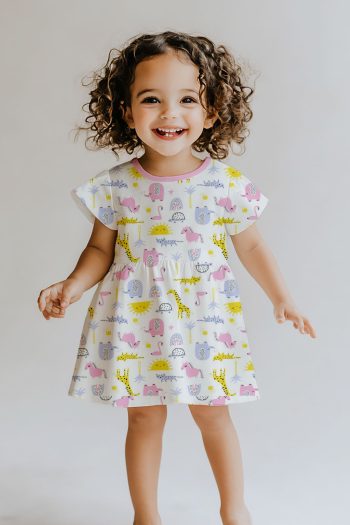 Lilabio 100% Cotton Bicycle Neck Short Sleeved Patterned Dress for Girls