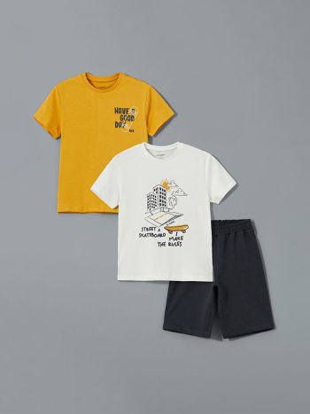 LCW Kids                                                                                              Ecru Crew Neck Printed Boys' 3-Piece Set
