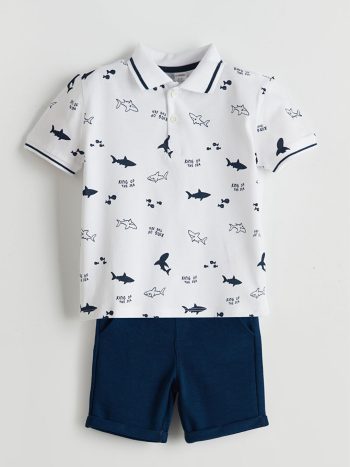 LCW Kids                                                                                       Ecru Polo Collar Printed Boys' Baby T-Shirt and Shorts 2-Piece Set