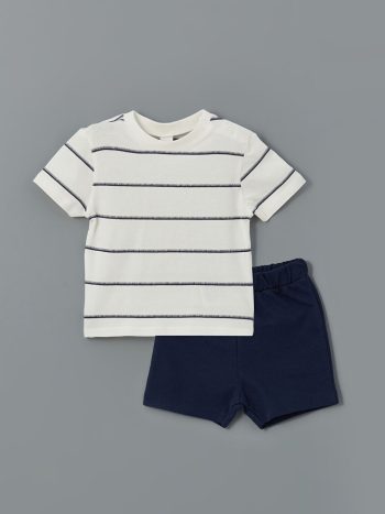 LCW Baby                                                                              Cream Striped Girl's Baby T-Shirt and Shorts Set (2-Piece)