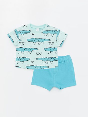 LCW Baby  Turquoise Crew Neck Baby Boy T-Shirt and Shorts Set (2 Pieces)
