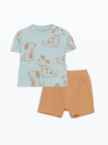LCW Baby  Blue Printed Baby Boy T-Shirt and Sweatpants 2-Piece Set