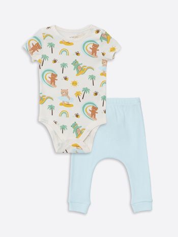 LCW Baby  Beige Short-Sleeve Printed Baby Boys' Bodysuit and Pants 2-Piece Set