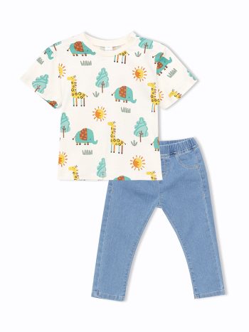 LCW Baby Beig Short Sleeve Crew Neck T-Shirt and Pants Set for Baby Boy