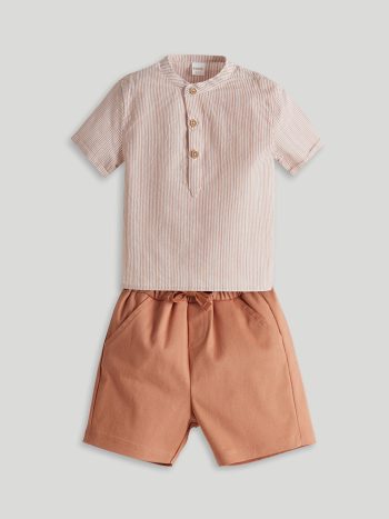 KANZ                                                                                        Ecru Striped Boy's Baby Shirt and Shorts Set