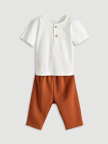 LCW Baby   Ecru Crew Neck Baby Boys' T-Shirt and Pants Set 2-Piece