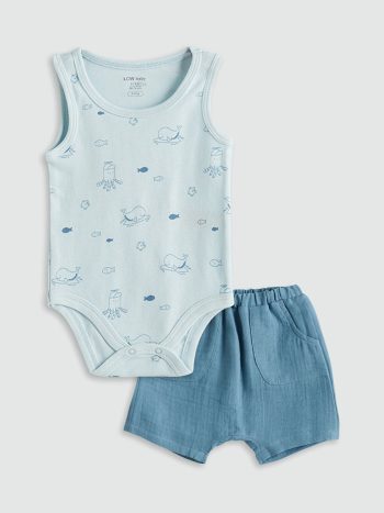 LCW Baby Blue Printed Boy Baby Bodysuit and Shorts Set (2 Pieces)