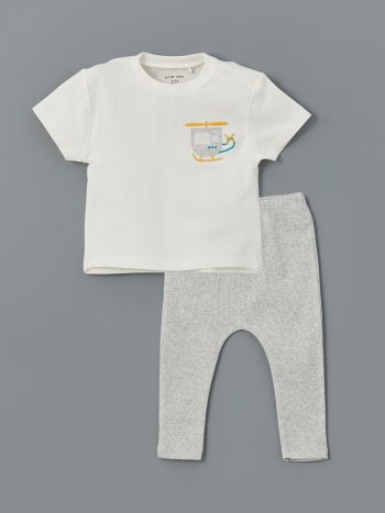 LCW Baby Ekru Printed Boys' Baby T-Shirt and Leggings Set 2-Piece