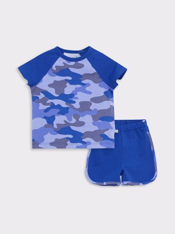ORGANICKID  Blue Printed Crew Neck 2-Piece Set for Baby Boys