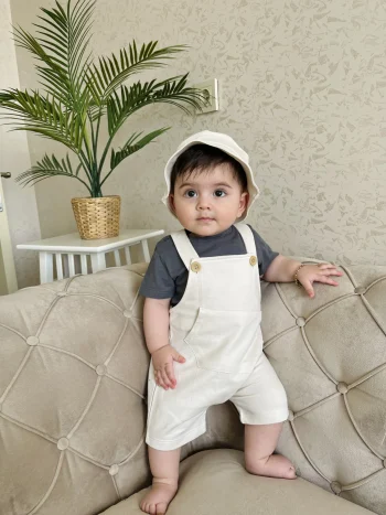 Bucket Hat %100 Cotton Fabric T-shirt and Overall 3-Piece Set