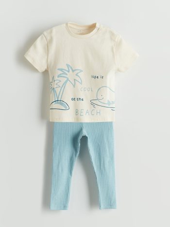 LCW Baby  Off-White Printed Boy Baby T-Shirt and Pants Set