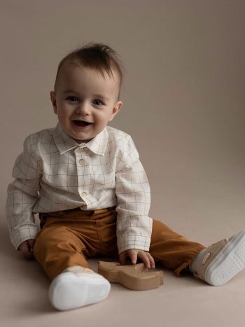 KANZ Brown Long Sleeve Checkered Shirt and Pants Set for Baby Boys