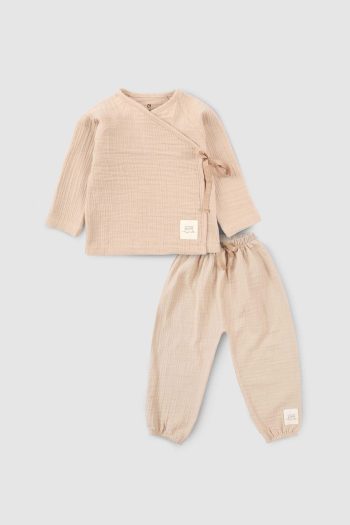 Organic Cotton Muslin Crossed Baby Set Beige