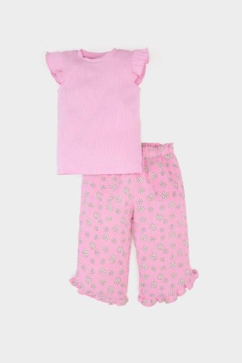 Girl's Baby Crinkle Viscose 2-Piece Set Short Sleeve T-Shirt with Elastic Waist Floral Pants