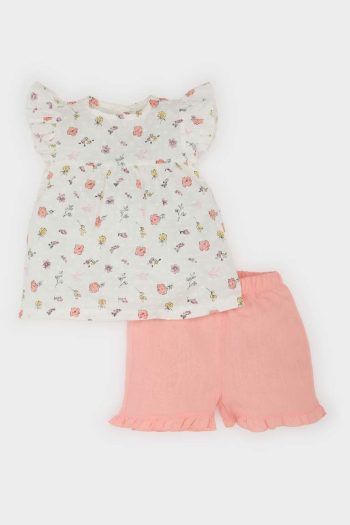 Girls' Baby 2-Piece Set with Floral Trim, Short-Sleeve Blouse, and Elastic Waist Shorts