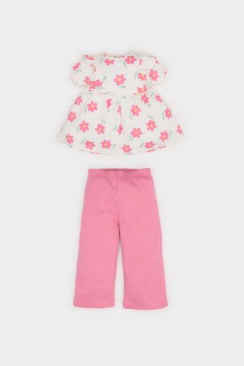 Girl Baby 2-Piece Set Floral Short Sleeve Blouse with Elastic Waist Pants