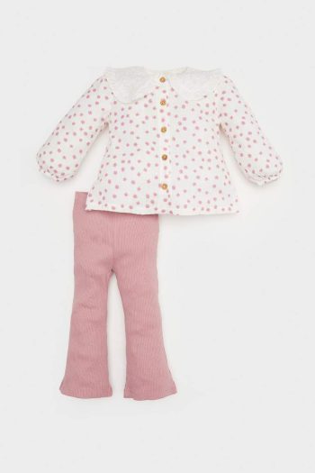 Baby Girl 2-Piece Set Floral Trim Poplin Long Sleeve Shirt Elastic Waist Bottom