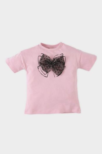 Girl's Baby Bicycle Neck Ribbon Printed Short Sleeve T-Shirt