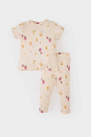 Fruit Print Short Sleeve Ribbed Pajama Set for Baby Girls with Elastic Waist Long Bottom
