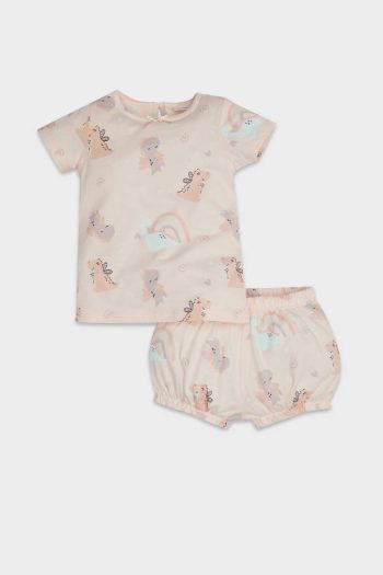 Dinosaur Print Baby Girl Pajama Set with Short Sleeve Jersey Top and Elastic Waist Shorts