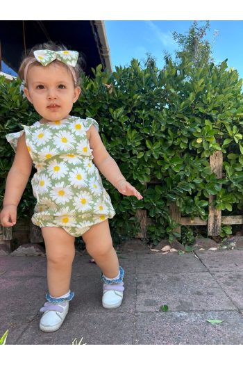 BAHNUR Baby Green Floral Romper Jumpsuit and Bandana Set