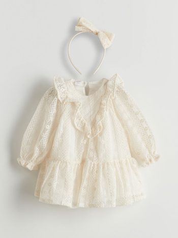 KANZ                                                                                         Ivory Lace Baby Girl Dress and Headband Set 2-Piece