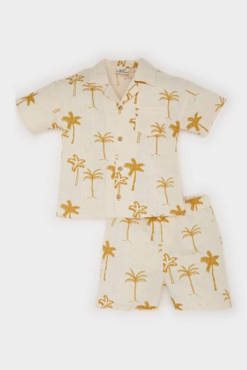 Men's Baby 2-Piece Set Tropical Print Puffed Poplin Short Sleeve Shirt with Elastic Waist Shorts