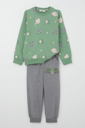 Boys' Tracksuit Set Cute Elephant Pattern Mint Green (Ages 1-4)