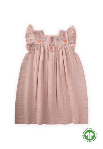 Embroidered Organic Muslin Dress for Ages 2-8 in Powder Pink