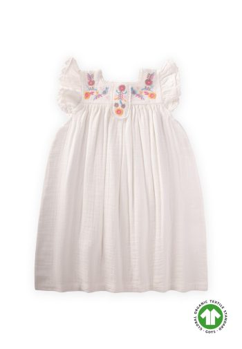 Embroidered Organic Muslin Dress for Ages 2-8 Ecru