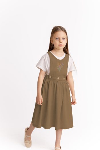 Caramel Embroidered Square Robe Dress for Ages 2-7