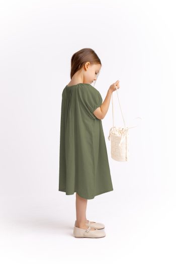 Nervüllü Linen Dress for Ages 2-7 in Olive Green