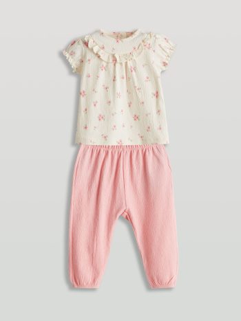 LCW Baby                                                                                                                    Cream Ruffled Floral Baby Girl Blouse and Pants Set