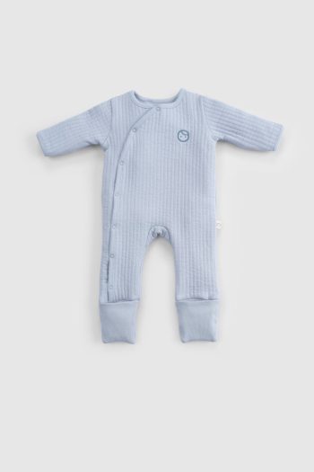 Quilted Blue Baby Romper with Detachable Feet and Gloves