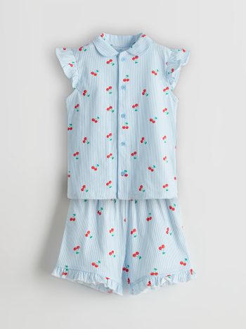 LCW Baby Off-White Cherry Print Girls' Pajama Set with Shorts