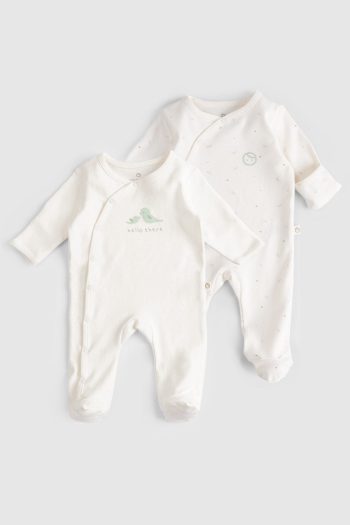2-Piece Organic Cotton Twill Cream Romper Set with Built-in Mittens