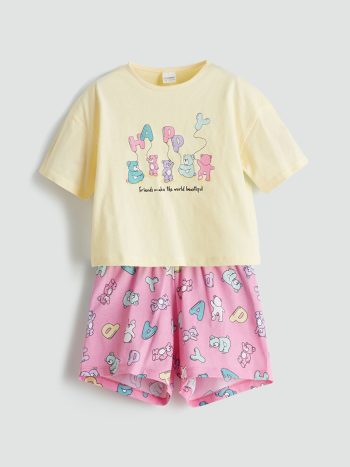 LCW Kids Yellow Printed Girls' Pajama Set with Shorts