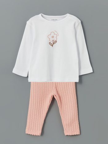 LCW Baby                                                                                          Ecru Crew Neck Girl Baby T-Shirt and Leggings Set (2 Pieces)