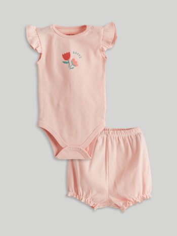 LCW Baby Pink Floral Cotton Baby Girl Snap Bodysuit and Shorts 2-Piece Set