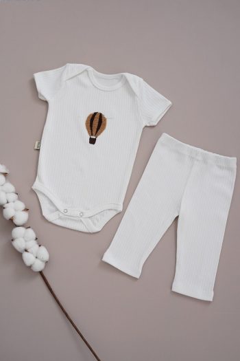 MELLS BABY Short Sleeve Baby Bodysuit with Balloon Embroidery and Snap Pants Set