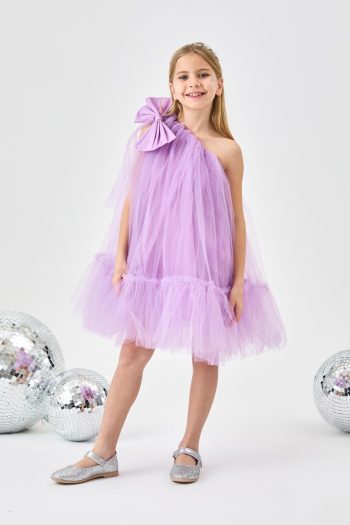 Lila One-Shoulder Bow Tulle Dress for Girls - Orlene