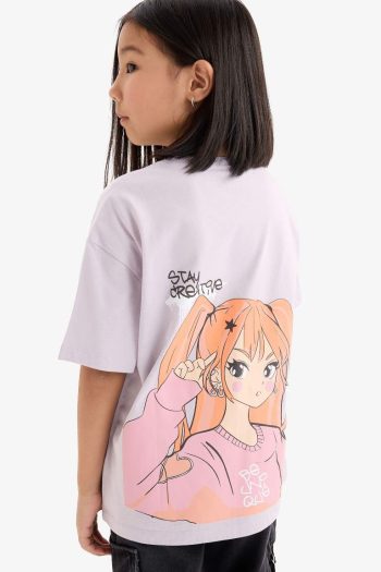 Girls' Oversized Loose Fit Crew Neck Short Sleeve T-Shirt with Back Print