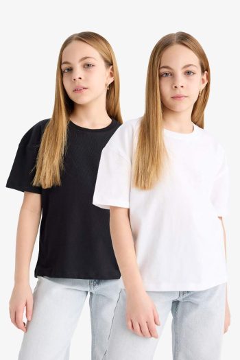 Girls' Relax Fit Bicycle Neck Basic Plain 2-Pack Short Sleeve T-Shirt