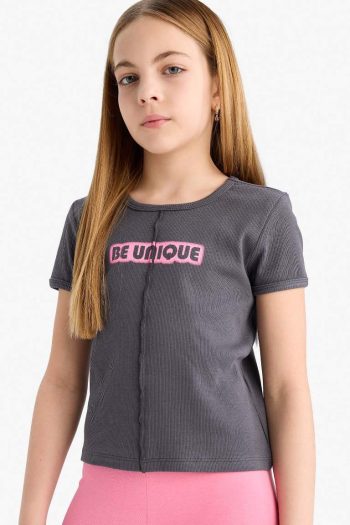 Girls' Fitted Bicycle Neck Printed Ribbed Short Sleeve T-Shirt