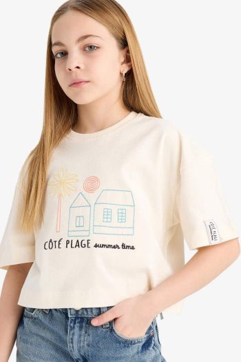 Girls' Boxy Fit Printed Short Sleeve T-Shirt with Crew Neck