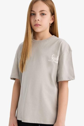 Girls' Oversized Loose Fit Printed Short Sleeve T-shirt with Crew Neck