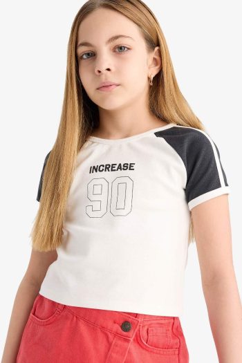 Girl’s Bicycle Neck Printed Ribbed Short-Sleeve T-Shirt